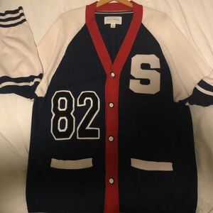 Sun + Stone varsity letterman cardigan